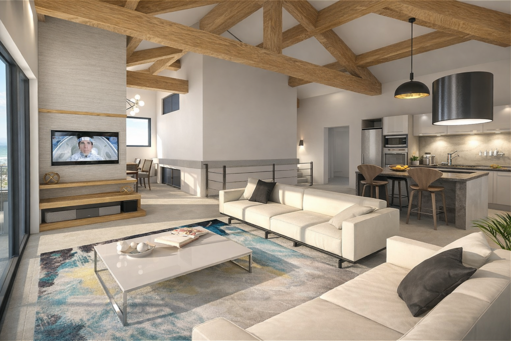 3D réaliste, loft, Aix-en-provence, pièce de vie