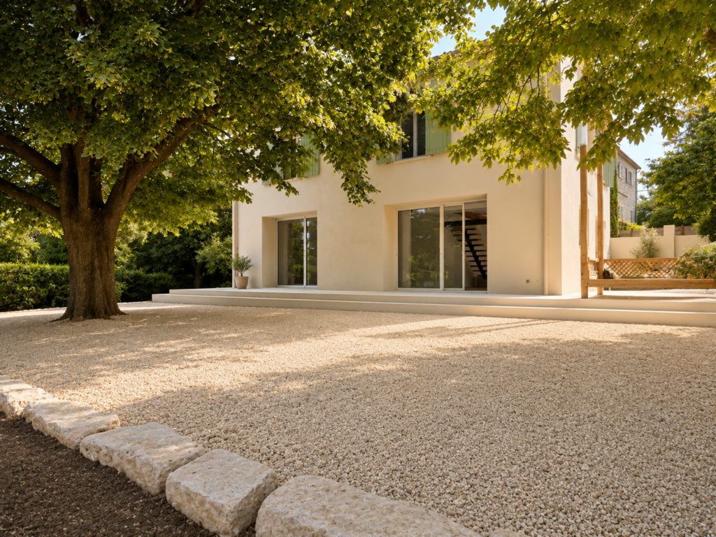 Façade rénovée d'une maison à Puyricard avec nouvelles ouvertures, terrasse et aménagements extérieurs réalisés après les travaux.