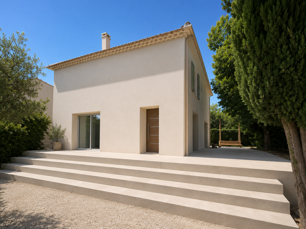 Façade nord rénovée d'une maison à Puyricard avec nouvelle entrée, escalier monumental, enduit neuf et architecture modernisée.