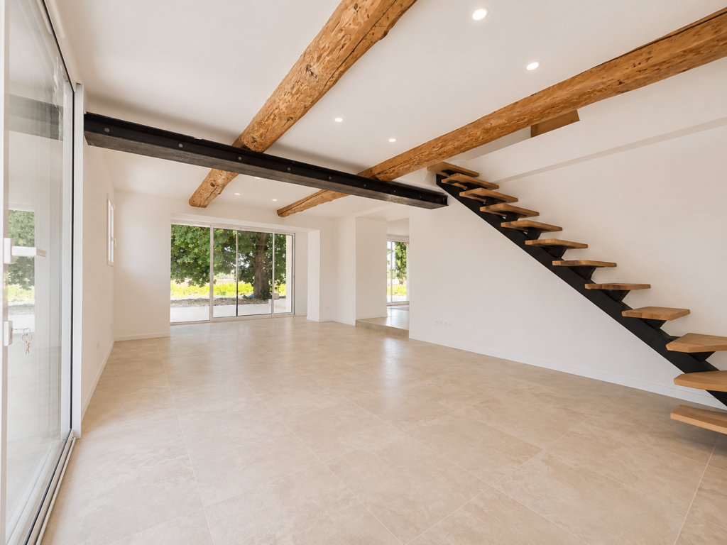 Grande pièce de vie rénovée à Puyricard avec escalier contemporain, poutres apparentes, larges baies vitrées et vue sur le jardin et la piscine.