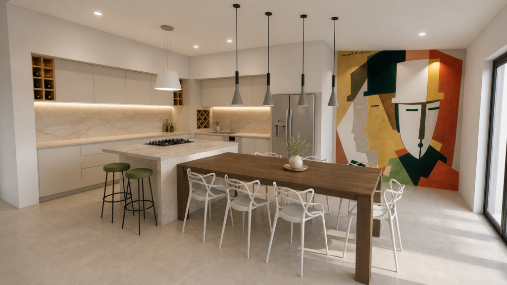 Cuisine contemporaine conçue par un architecte d'intérieur à Puyricard avec îlot central en pierre, mobilier sur mesure et salle à manger ouverte.
