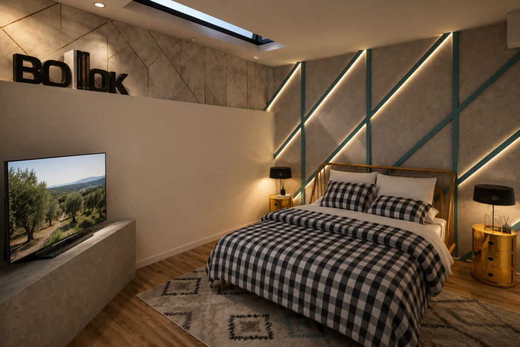 Chambre contemporaine aménagée dans le souplex d'un loft issu de la transformation d'une ancienne piscine intérieure à Châteauneuf-les-Martigues.