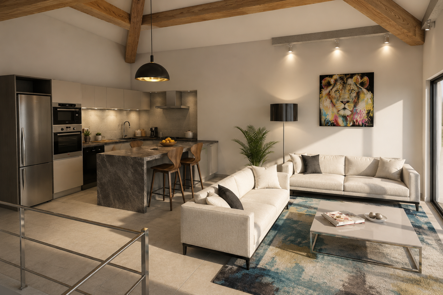 Cuisine ouverte avec îlot central et salon contemporain aménagés dans un loft issu de la transformation d'une ancienne piscine intérieure à Châteauneuf-les-Martigues.