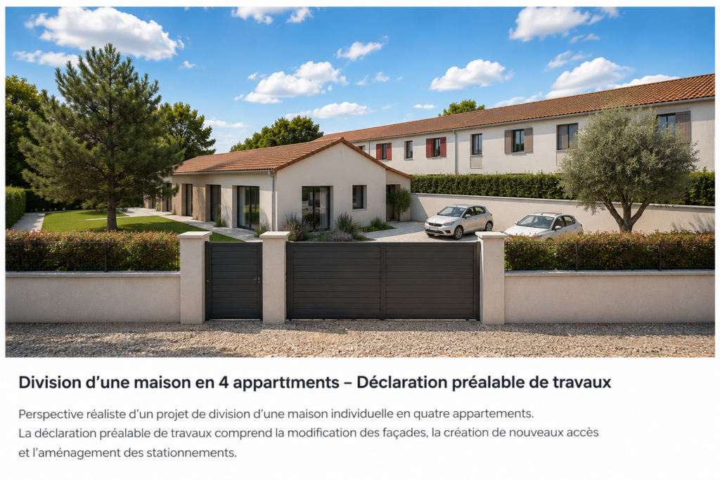 Division d'une maison individuelle en quatre appartements réalisée dans le cadre d'une déclaration préalable de travaux avec création de logements, nouveaux accès et stationnements.