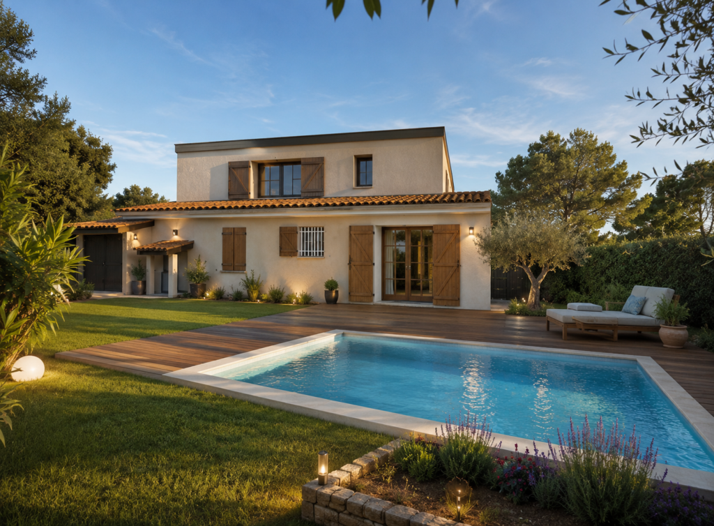 Projet de création d'une piscine avec terrasse en bois réalisé dans le cadre d'une déclaration préalable de travaux pour une maison individuelle.