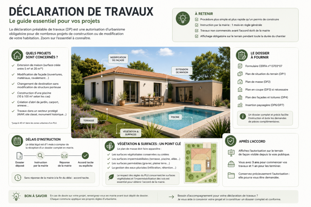 Infographie expliquant les étapes d'une déclaration préalable de travaux : projets concernés, documents à fournir, délais d'instruction, plan de masse, végétation, surfaces et autorisation d'urbanisme.