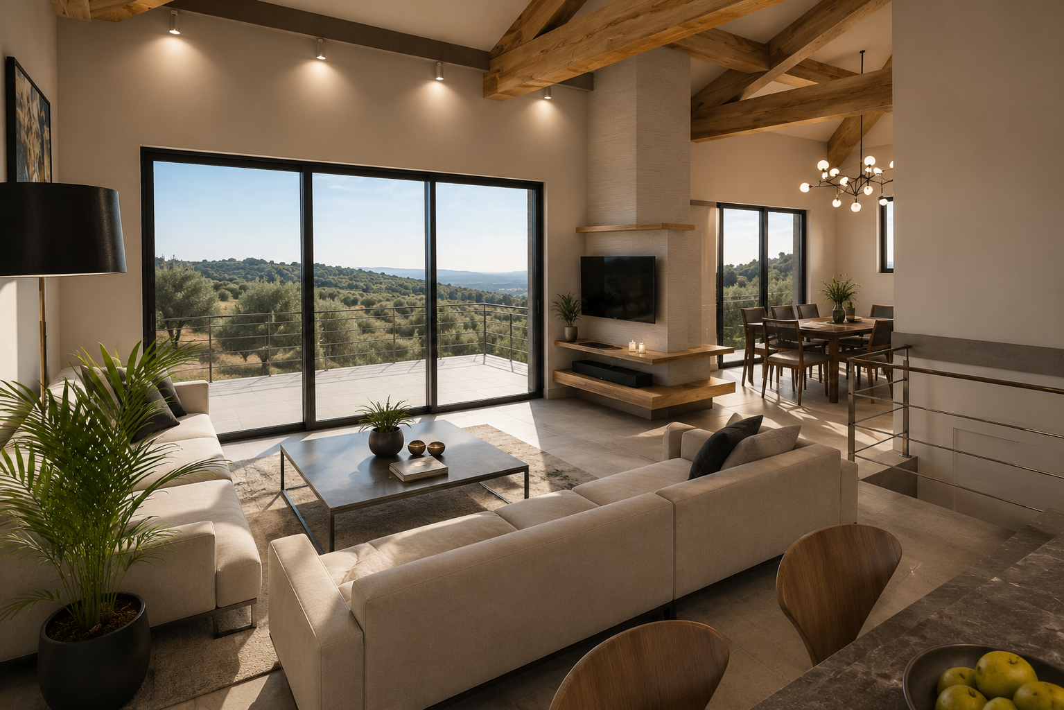 Pièce de vie contemporaine ouverte sur une terrasse avec vue sur les oliviers, créée lors de la transformation d'une ancienne piscine intérieure en loft à Châteauneuf-les-Martigues.