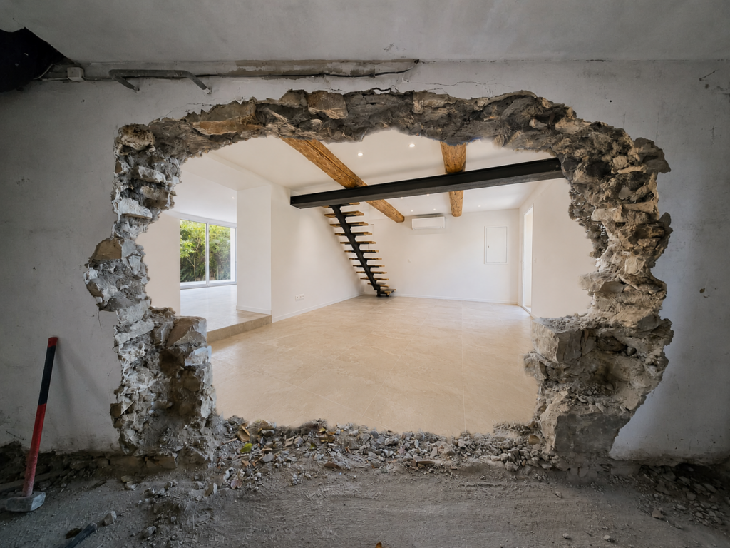 Ouverture d'un mur porteur lors de la rénovation complète d'une bastide à Puyricard, révélant la nouvelle pièce de vie avec poutre métallique et escalier contemporain.