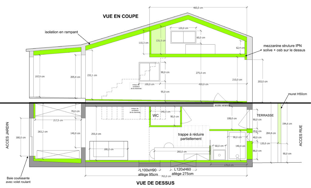 Plan en coupe et vue de dessus de l’aménagement d’un garage en espace habitable avec mezzanine, WC et terrasse