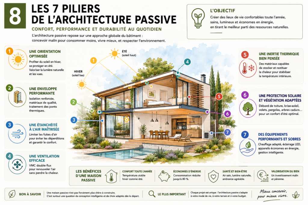 Infographie présentant les sept piliers de l'architecture passive.
