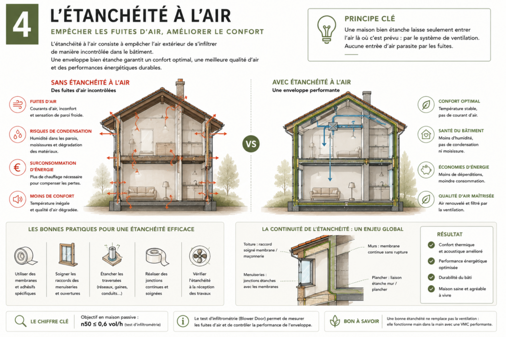 Schéma expliquant l'étanchéité à l'air d'une maison passive et ses bénéfices.