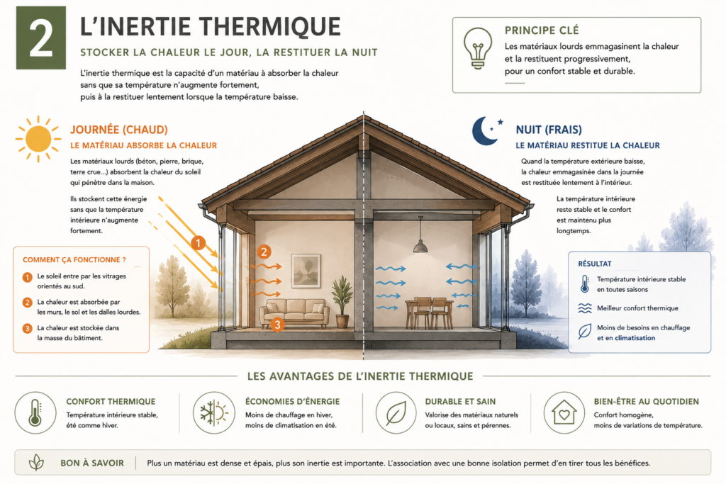 Schéma illustrant le fonctionnement de l'inertie thermique dans une maison passive.