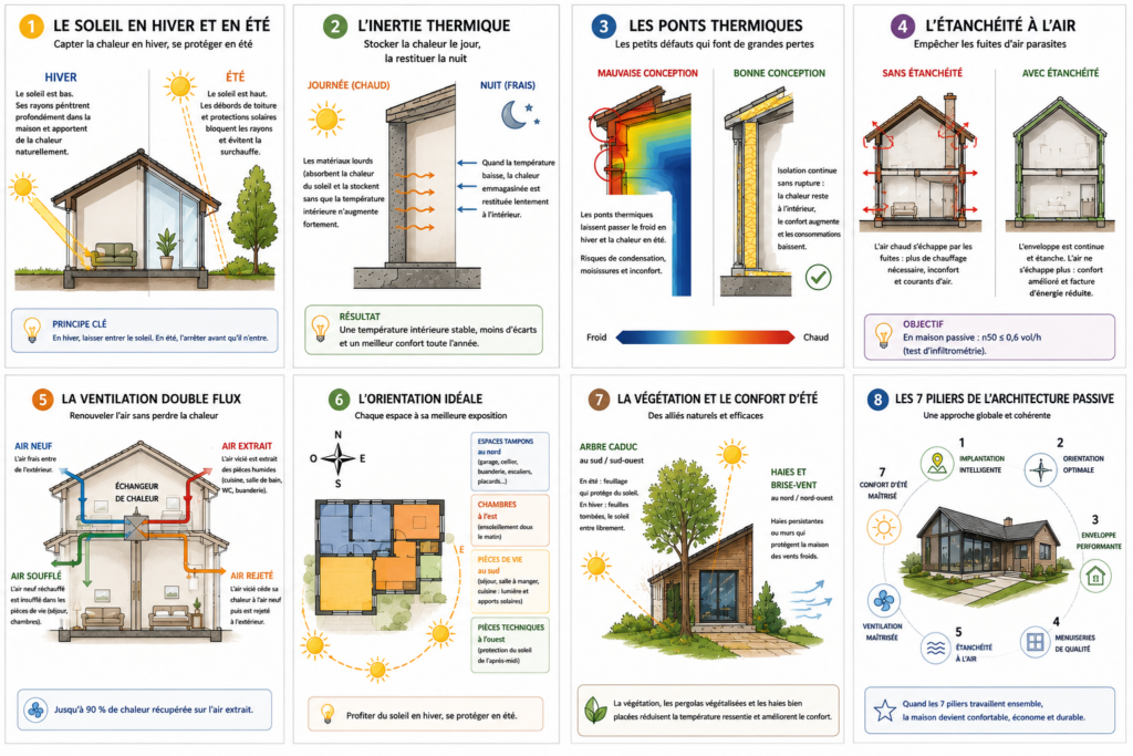 Schémas illustrant les principes d'une maison passive : orientation, inertie thermique, isolation, étanchéité à l'air, ventilation double flux, protection solaire et confort d'été.