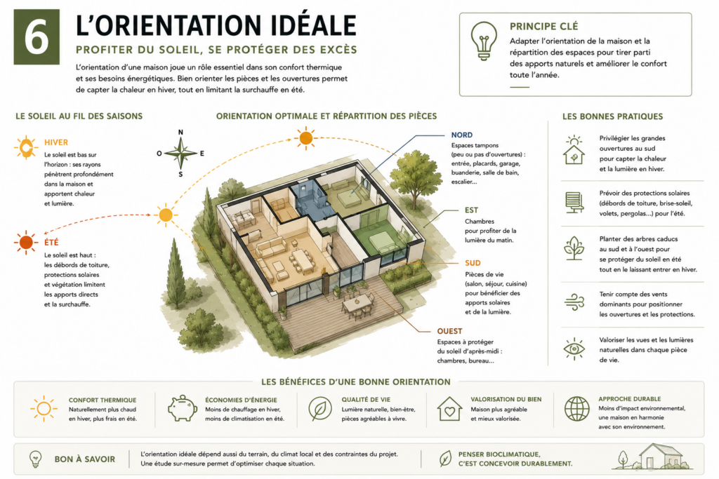 Schéma illustrant l'orientation idéale d'une maison passive selon les points cardinaux.