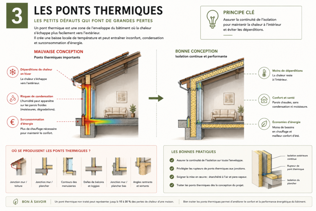 Comparaison entre une construction avec ponts thermiques et une isolation continue performante.