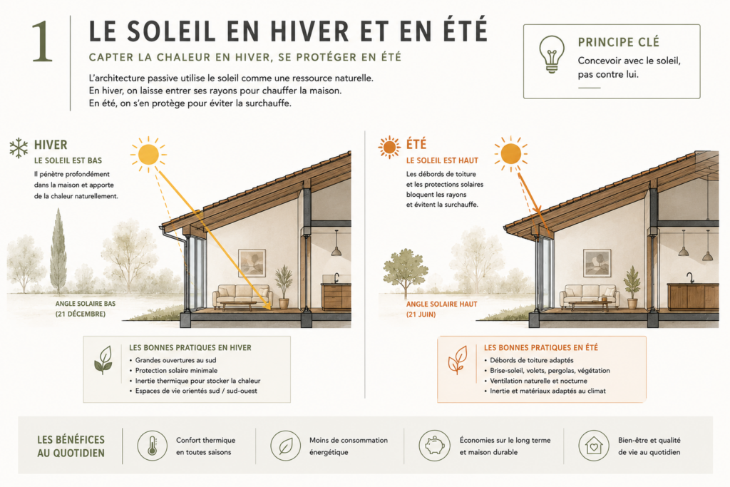 Schéma montrant les apports solaires en hiver et la protection solaire en été dans une maison passive.