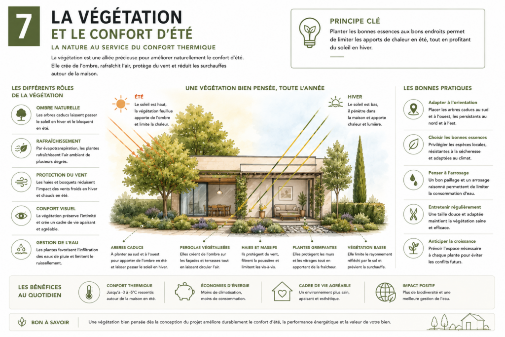 Schéma expliquant le rôle de la végétation dans le confort d'été d'une maison passive.