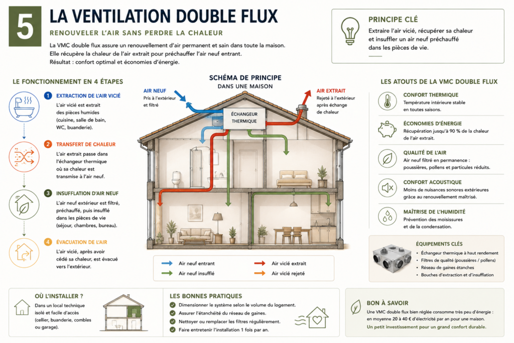 Schéma de fonctionnement d'une VMC double flux dans une maison passive.