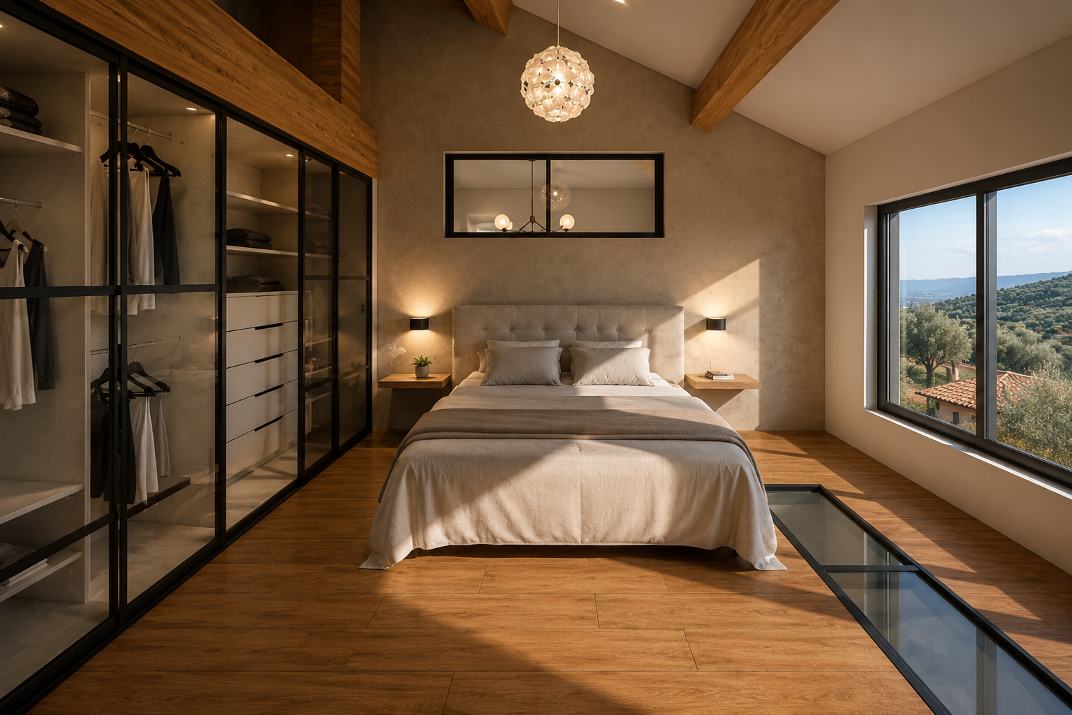 Suite parentale contemporaine avec dressing verrière, charpente apparente et dalle vitrée créée lors de la transformation d'une piscine intérieure en loft à Châteauneuf-les-Martigues.