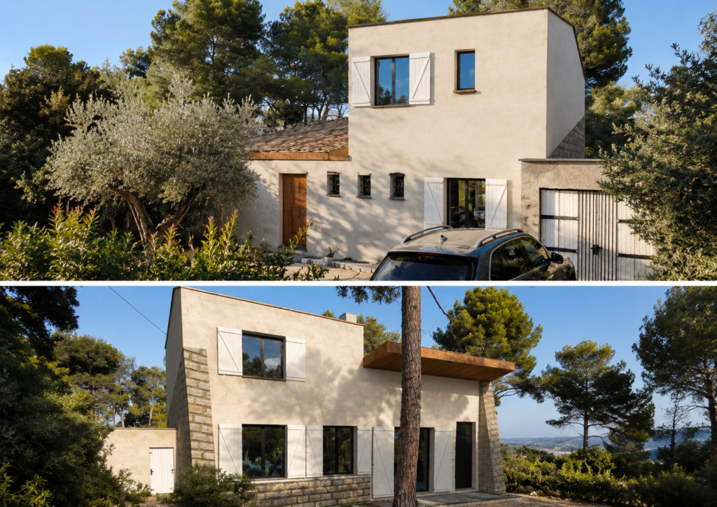 Projet de surélévation d'une maison individuelle réalisé dans le cadre d'une déclaration préalable de travaux avec création d'un étage contemporain.