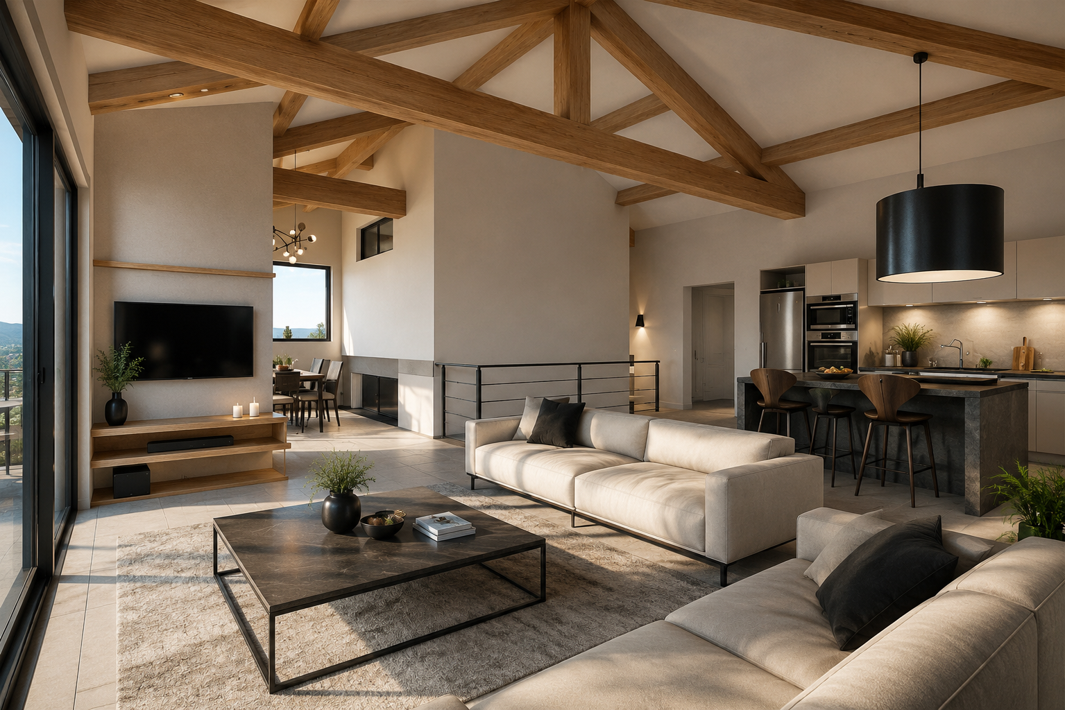 Grande pièce de vie contemporaine avec cuisine ouverte, charpente apparente et salon créée lors de la transformation d'une piscine intérieure en loft à Châteauneuf-les-Martigues.