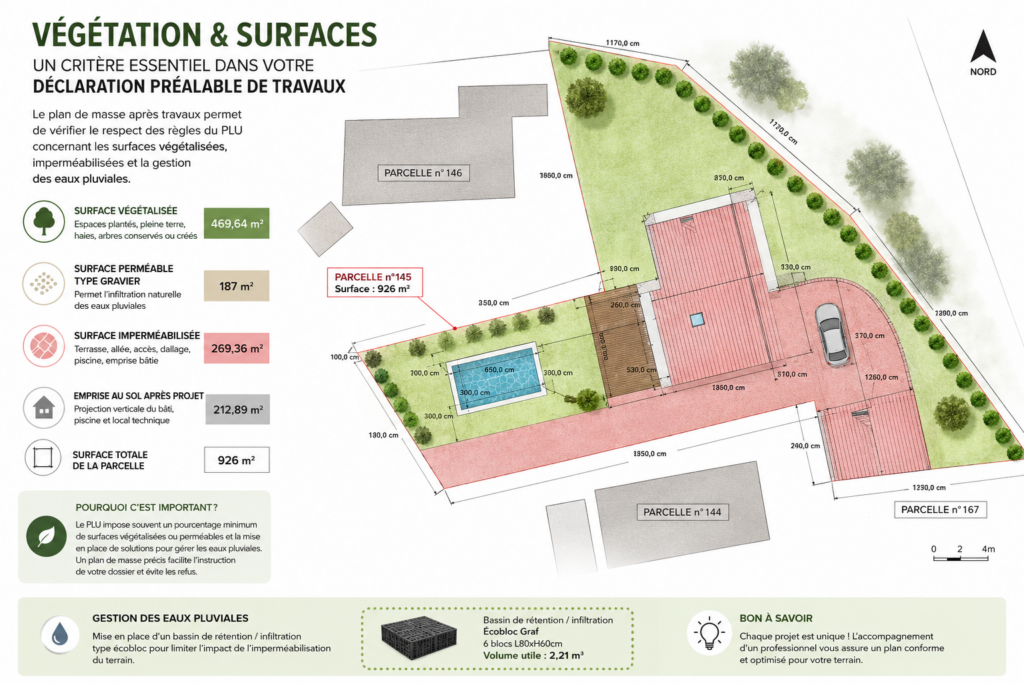 Schéma illustrant le calcul des surfaces végétalisées, perméables et imperméabilisées d'un projet de déclaration préalable de travaux avec gestion des eaux pluviales.