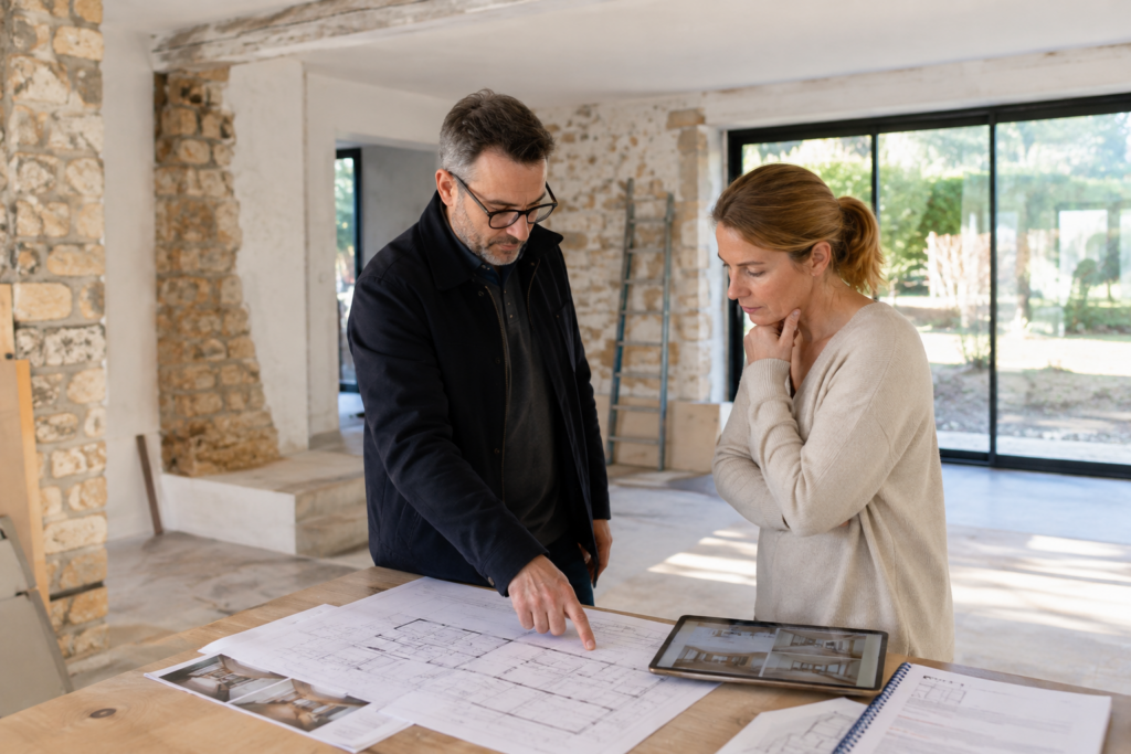 Architecte d'intérieur analysant les plans d'une maison à rénover avant achat immobilier