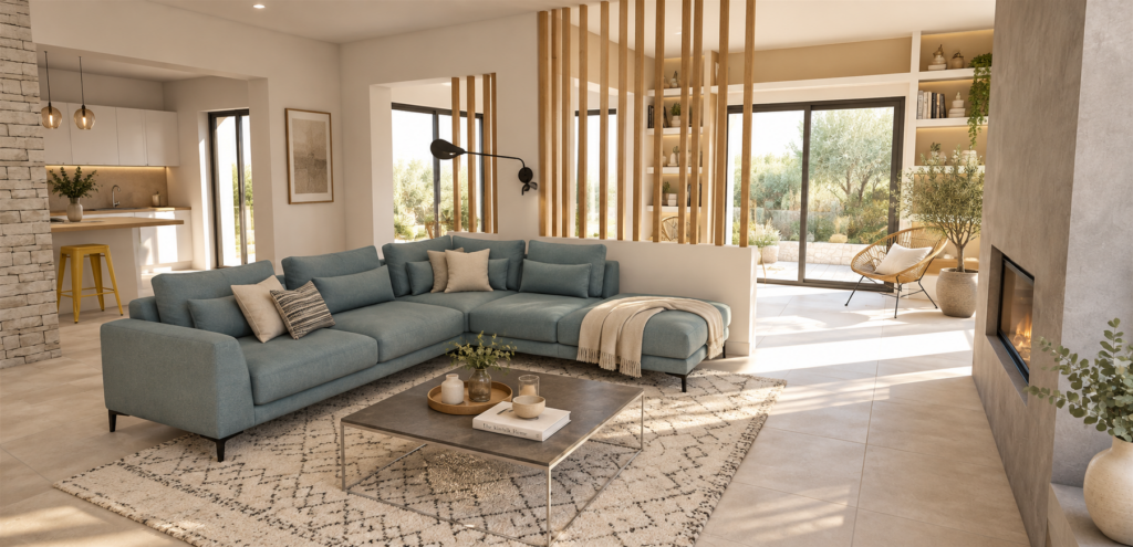 Salon rénové avec claustra en bois dans une maison à Ventabren