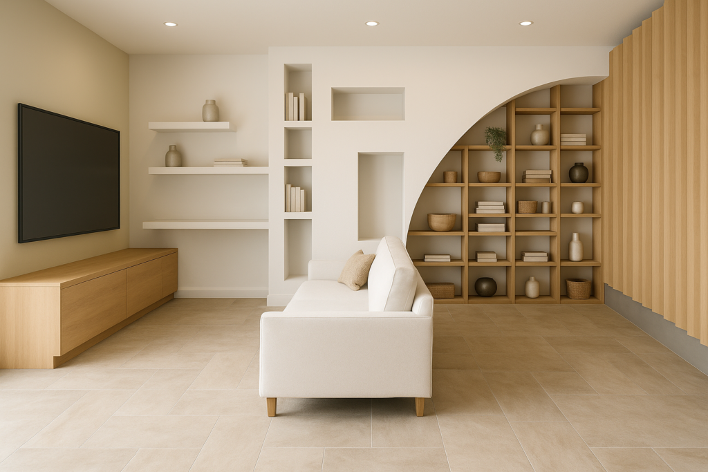 Projet de rénovation intérieure d’un salon à Ventabren avec bibliothèque sur mesure et claustra bois