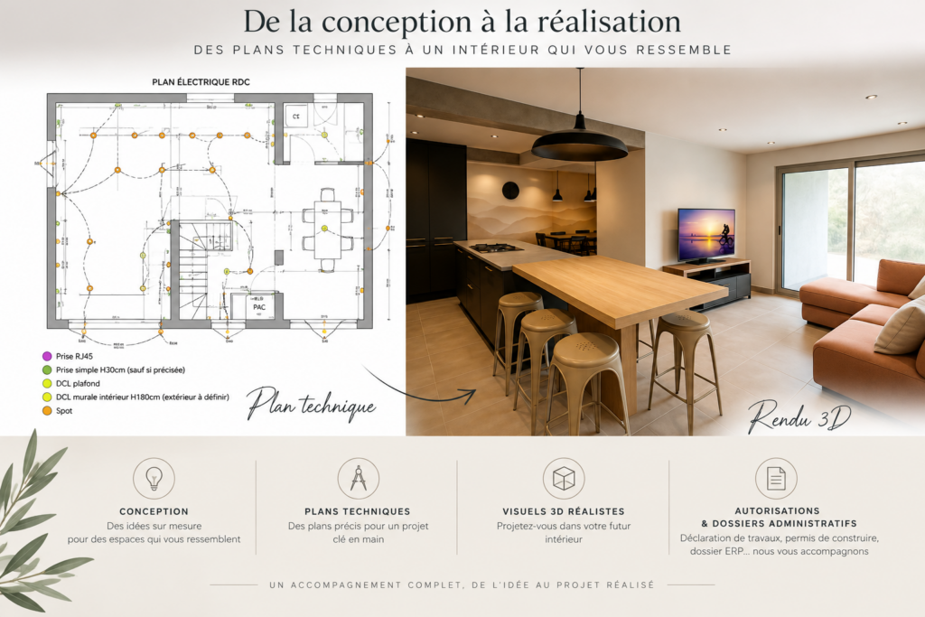 Plan technique électrique et rendu 3D réaliste d’un projet d’architecture d’intérieur