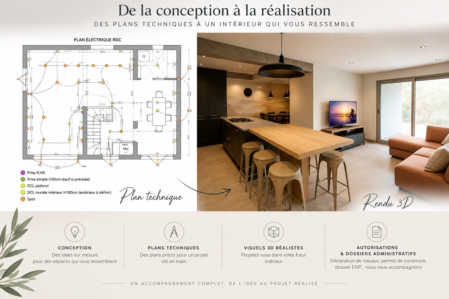 Plan technique électrique et rendu 3D réaliste d’un projet d’architecture d’intérieur