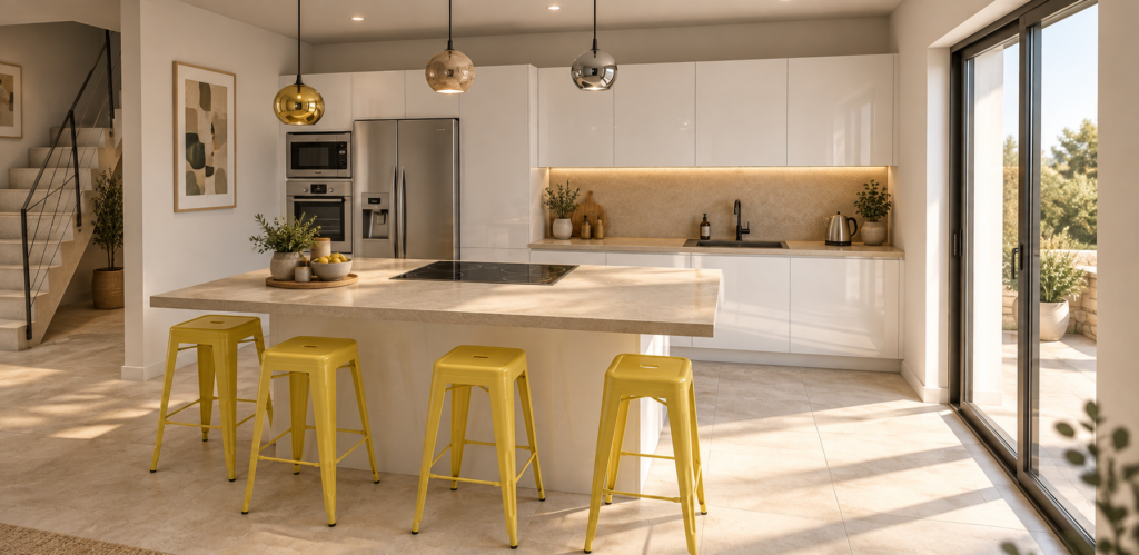 Cuisine ouverte avec îlot central dans une maison rénovée à Ventabren