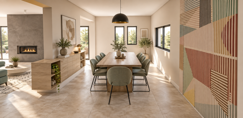 Salle à manger rénovée ouverte sur le salon dans une maison à Ventabren