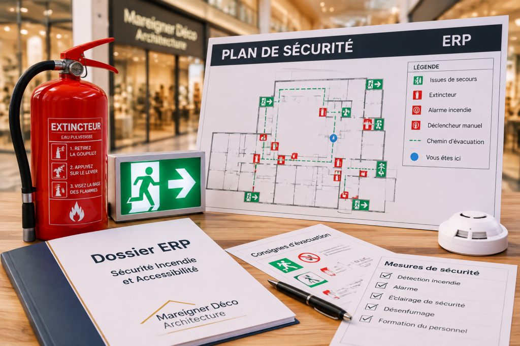 Illustration d’un plan de sécurité incendie ERP avec extincteur, signalétique d’évacuation et dossier réglementaire présenté par Mareigner Déco.